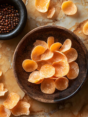 Orange crisps sit in wooden bowl next to seeds on marbled surface