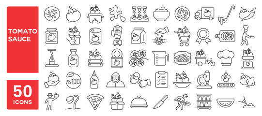 Set of 50 line icons related to tomato sauce, manufacturing, ketchup, tomato farming, bottle, bowl, chili sauce, fresh tomato, ripe, tomato can, Editable stroke. Vector illustration