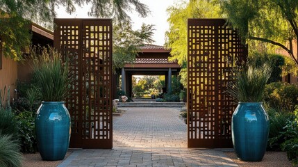 Naklejka premium Arizona modern home exterior, with a statement gate entrance, minimalist pavers, and elegant tall blue ceramic pots.