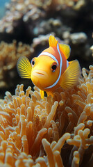 Orange fish with white stripes swimming near an anemone, coral reefs