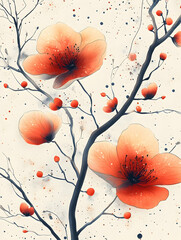Orange flowers and dark branches with subtle spots on a beige background