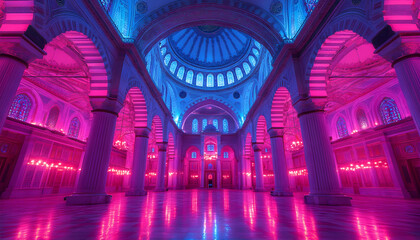 Mosque interior illuminated with vibrant, colorful lighting, ornate architectural details