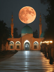 Mosque lit at night with a large moon overhead