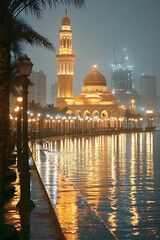 Mosque lights reflect on water's edge, tall structure