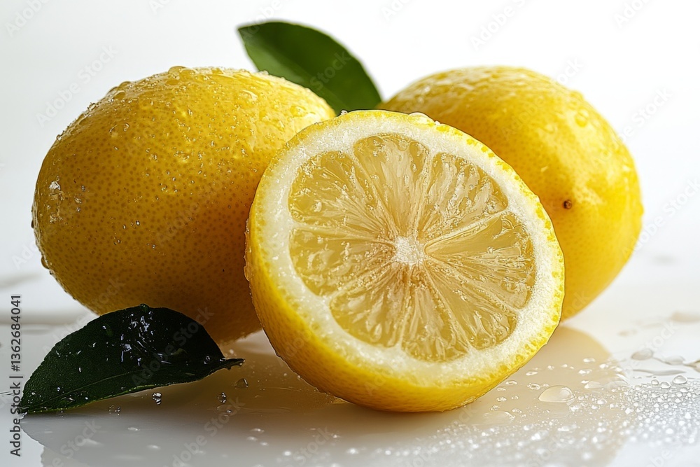 Poster fresh lemons sliced and whole with droplets on a bright background showcasing their vibrant color an