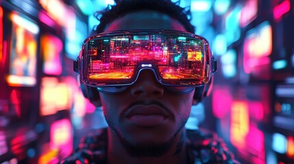 Obraz premium black African man wearing futuristic AR glasses with neon screen background, cyber punk lifestyle 