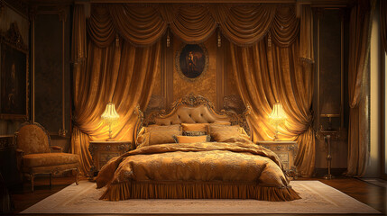 Fototapeta premium room, furniture, design, house, decor, decoration, comfort, indoors, classic, interior，, bed, bedroom, hotel, interior, home, pillow, lamp, luxury, comfortable, apartment, bedding, sheet, mattress, li