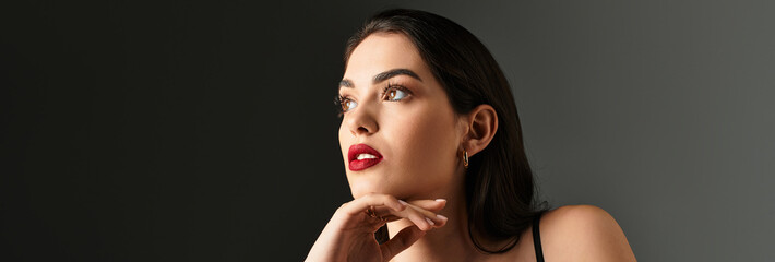 Exquisite beauty captured in a soft grey environment showcasing elegance and charm
