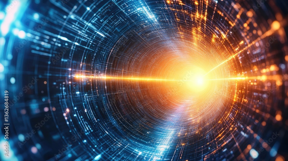 Aufkleber bright glowing lines forming a surreal geometric pattern in an infinite tunnel.