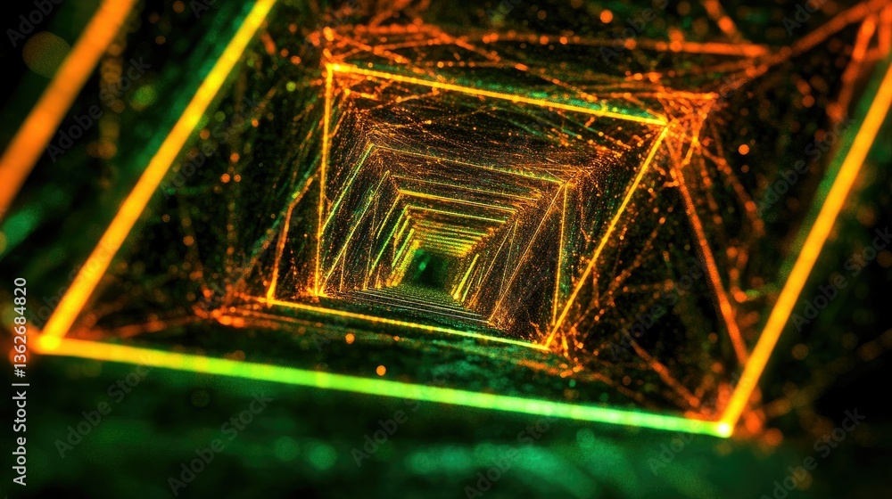 Poster bright glowing lines forming a surreal geometric pattern in an infinite tunnel.