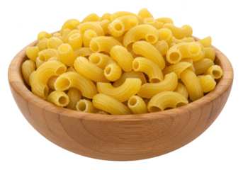 A wooden bowl filled to the brim with uncooked elbow macaroni pasta isolated on transparent background