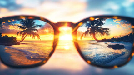 Clear vision through glasses reveals a stunning sunset on a tropical beach with palm trees in perspective