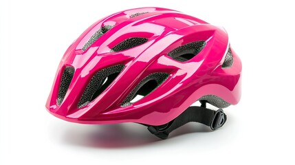 Bright pink kids' helmet, made for safe riding on bicycles, roller skates, and skateboards, featuring a strong clasp, isolated on white.