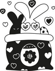 doodle boho groovy easter Cute cartoon rabbits with hearts in a whimsical design.