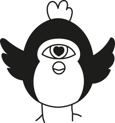 doodle boho groovy easter Cartoon bird with an eye and heart design, stylized and playful.