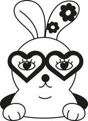 Obraz premium doodle boho groovy easter Cute bunny wearing heart-shaped glasses with floral decorations.