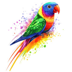 Obraz premium Colorful Parrot in Watercolor Splendor: A vibrant, stunning parrot illustration rendered in watercolor, showcasing a symphony of rainbow hues in its plumage.