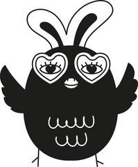 doodle boho groovy easter Cartoon owl character with heart-shaped glasses and a cute expression.