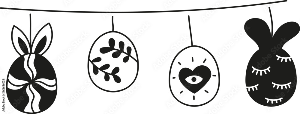 Poster doodle boho groovy easter hanging decorative eggs with various patterns and designs.