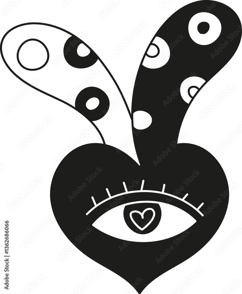 Poster doodle boho groovy easter abstract heart design with an eye and playful patterns.