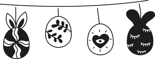 doodle boho groovy easter Hanging decorative eggs with various patterns and designs.