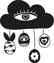doodle boho groovy easter Abstract illustration of a cloud with hanging decorative elements.