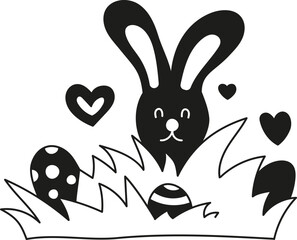 doodle boho groovy easter Cute bunny surrounded by eggs and hearts in grass.