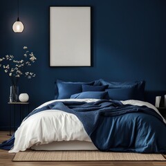 Modern bedroom interior with navy blue bedding and white linen.