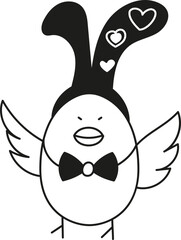 doodle boho groovy easter Cute bird wearing a bunny hat with hearts and a bowtie.