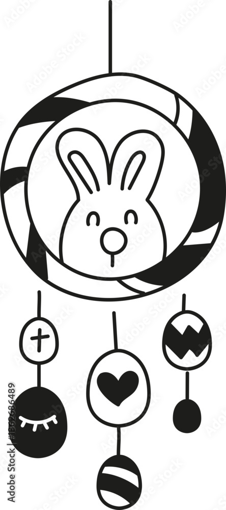 Poster doodle boho groovy easter rabbit-themed decorative mobile with hanging ornaments and patterns.