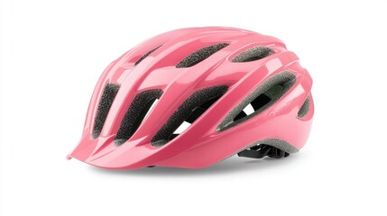 Fototapeta premium Children's pink bicycle helmet, featuring a sturdy outer shell, breathable design, and a secure clasp, isolated on a white background.