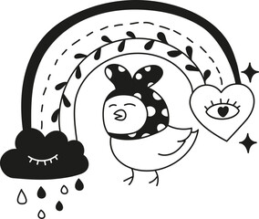 doodle boho groovy easter Cute bird illustration with rainbow and whimsical elements.