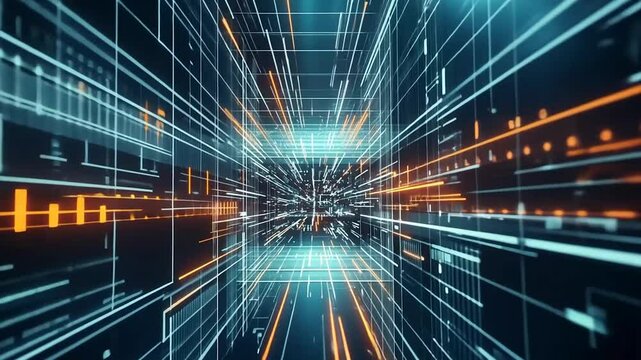 Digital data flow tunnel; glowing lines; tech background; website banner