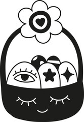doodle boho groovy easter Cute illustration of a bag with decorative stones and a flower.