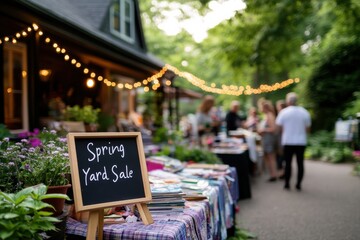 Obraz premium An inviting spring yard sale set against a lush green backdrop, featuring well-organized goods and a delightful ambiance for community members to explore and purchase.