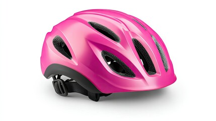 Fototapeta premium Children's pink protective helmet, suitable for cycling, scootering, or rollerblading, with a reinforced safety clasp, isolated on white.