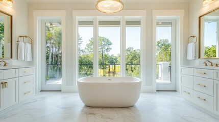 Fototapeta premium Clean and airy modern bathroom with white marble flooring, soft lighting, and a freestanding tub.