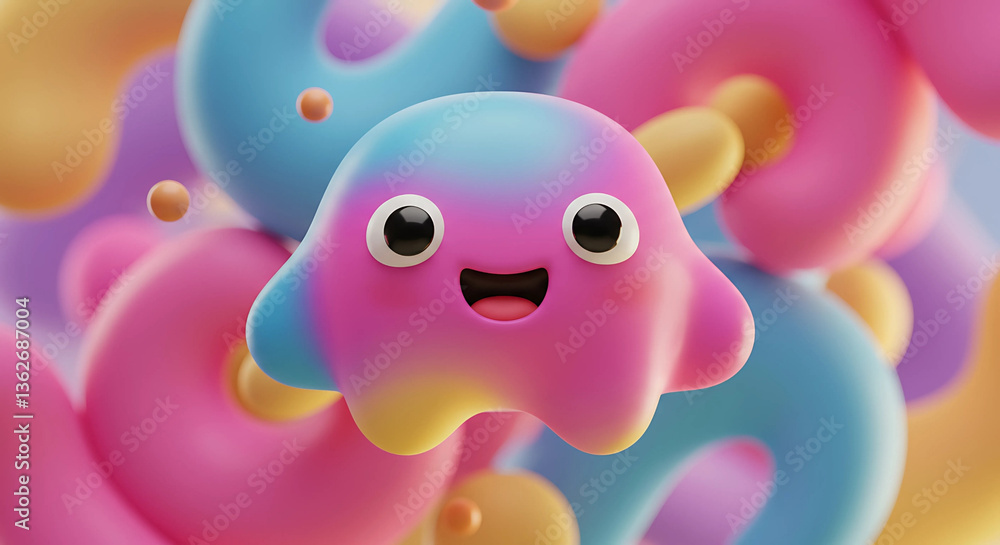 Poster a cartoon blob character with colorful shapes around it