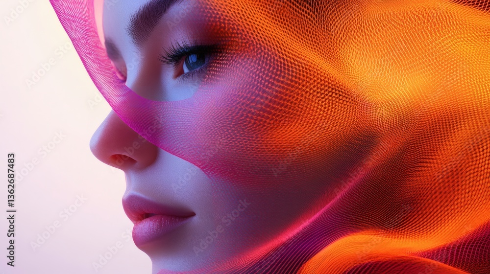 Poster intricate close-up of a woman's face adorned with a colorful pattern showcasing unique artistic expr