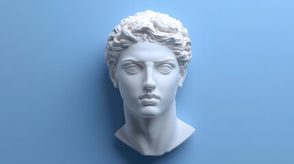 Obraz premium White sculpture of a classical male head against a blue background