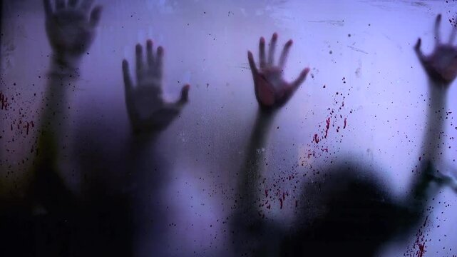 Several shadowy figures resembling zombies are seen reaching out, their hands pressed against a glass surface smeared with blood, creating a chilling and suspenseful atmosphere