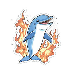 Naklejka premium Playful Dolphin Leaping Through Flames Vibrant Cartoon Sticker Design