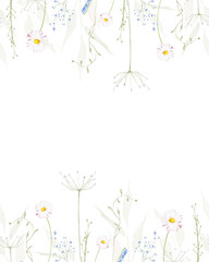 Watercolor floral seamless border. Meadow blue forget-me-not flowers, wild yellow daisy, chamomiles, green branches.