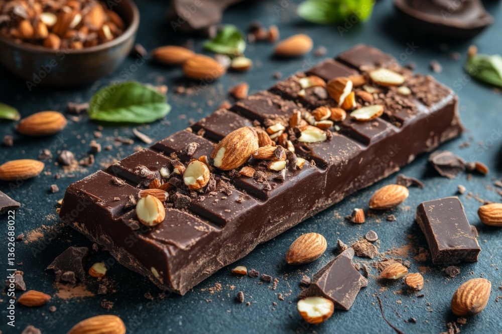 Poster Chocolate bar with almonds and cocoa pieces on a dark background surrounded by ingredients