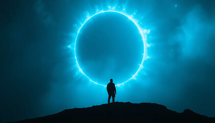 Lonely black silhouette of a man standing before a glowing portal with ominous blue light
