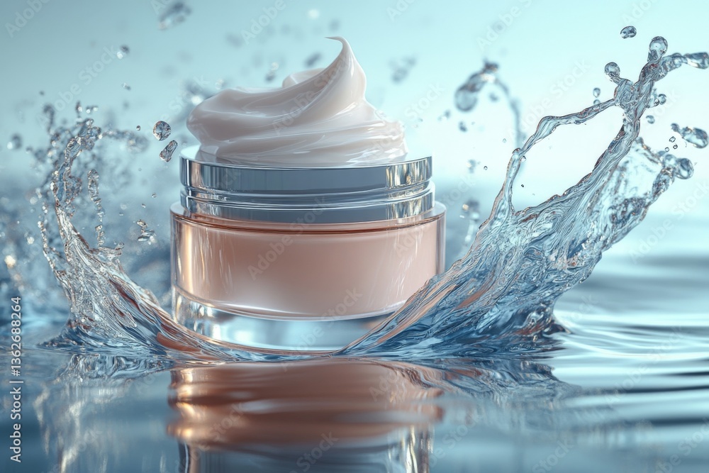 Aufkleber moisturizing cream container surrounded by splashing water with soft waves reflecting light