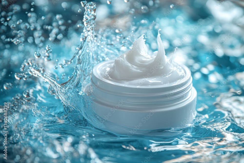 Aufkleber cream container splashing in clear blue water with droplets surrounding it in a refreshing display
