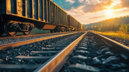 Fototapeta premium Coal train moving through an open landscape, the sunlight highlighting textures of coal and railway tracks.