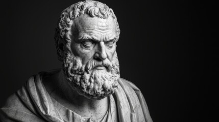 Ancient marble bust of a philosopher with beard against a black background