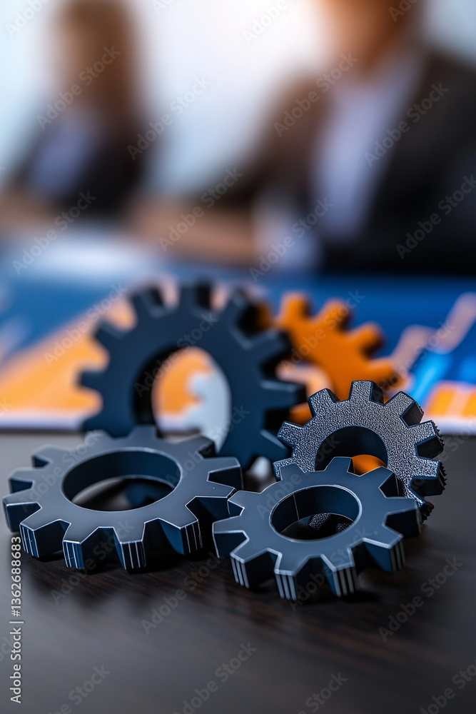 Poster gears on table symbolize teamwork and collaboration in business environment, with financial charts i